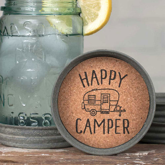 Set of Four Mason Car Lid Coasters - Happy Camper
